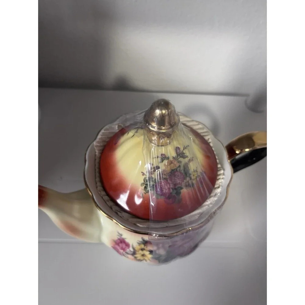 Vintage Decorative Teapot Floral Gold Tone Autumn